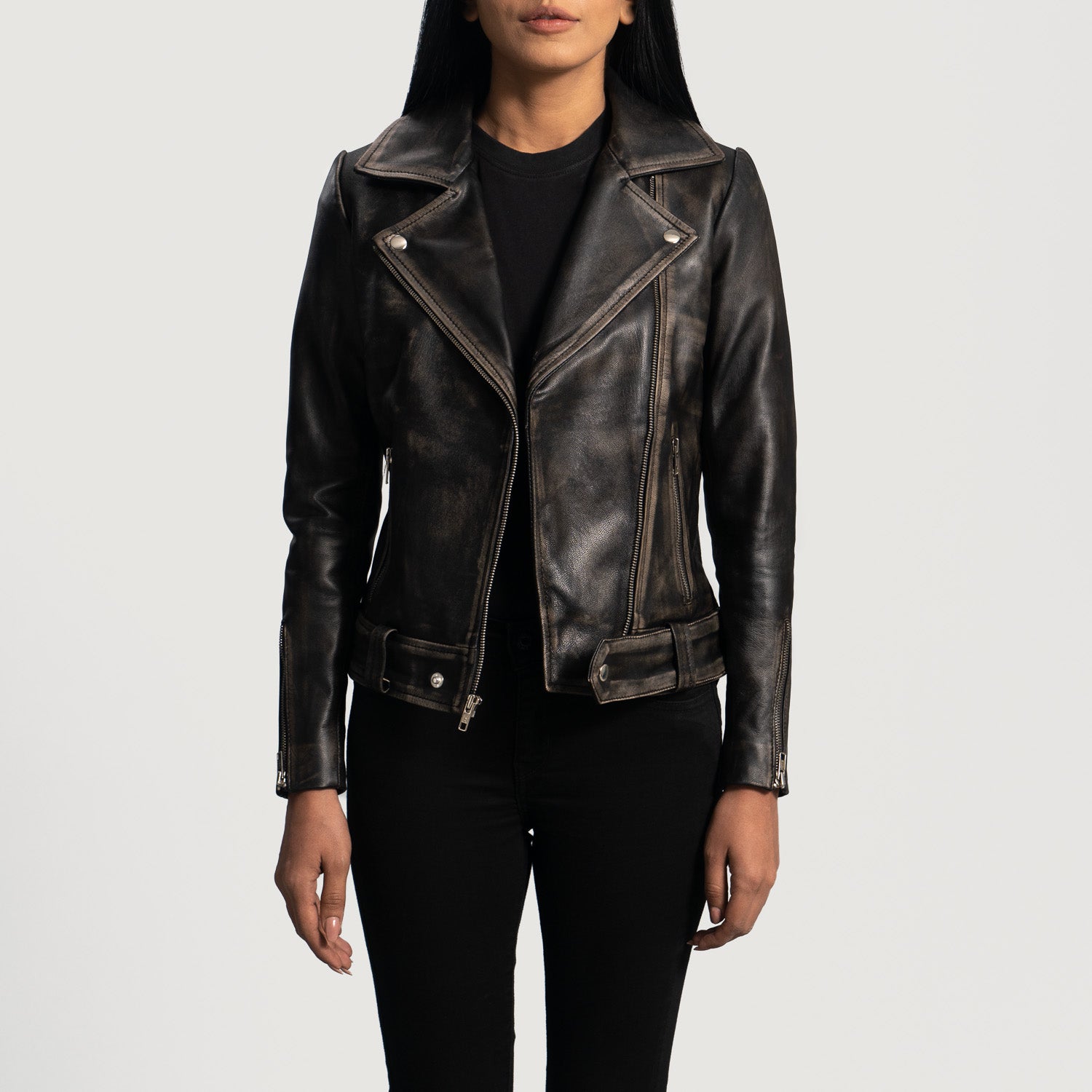 Rumy Leather Biker Jacket - Distressed Brown