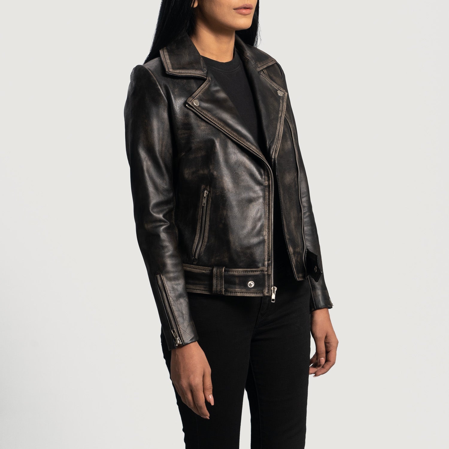 Rumy Leather Biker Jacket - Distressed Brown