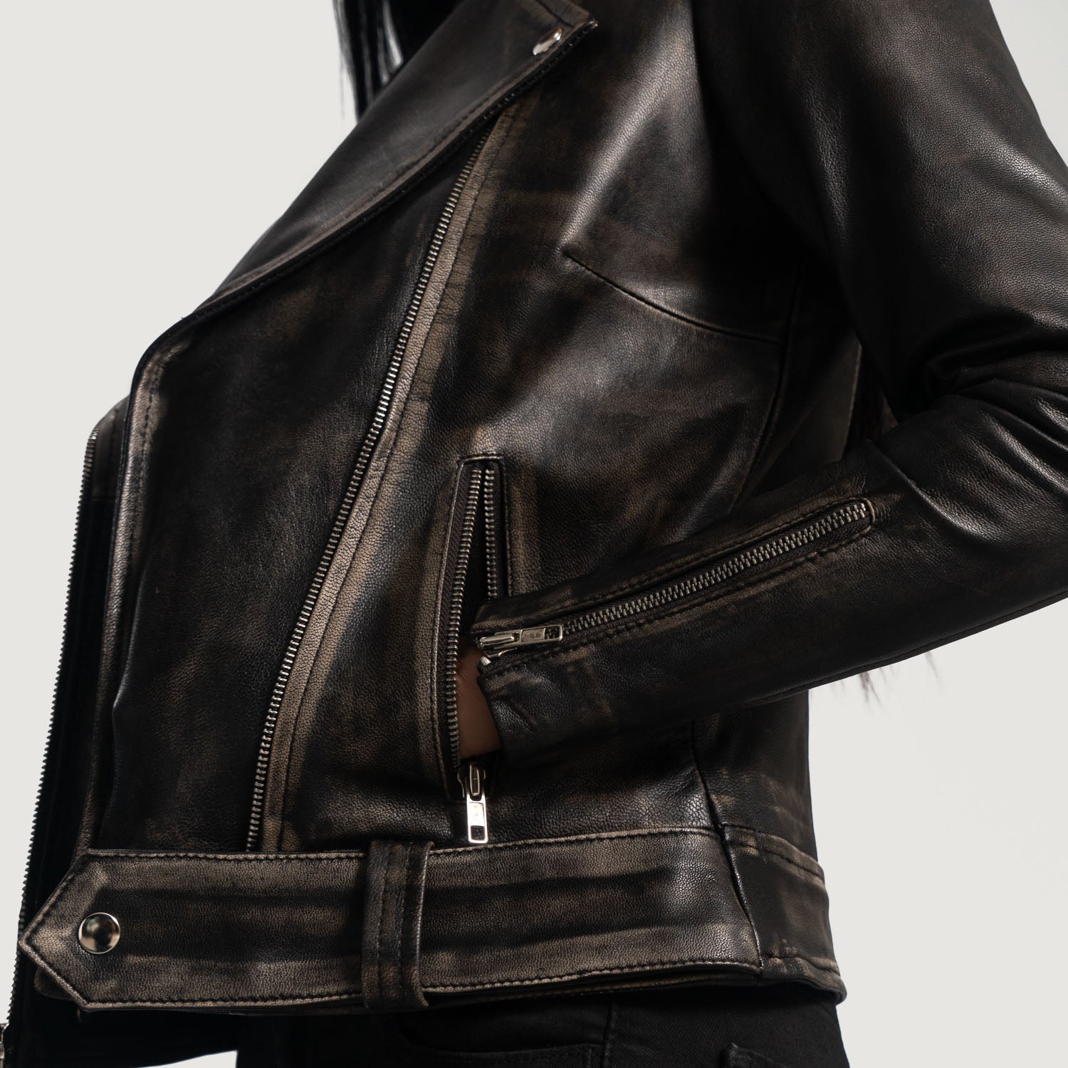 Rumy Leather Biker Jacket - Distressed Brown