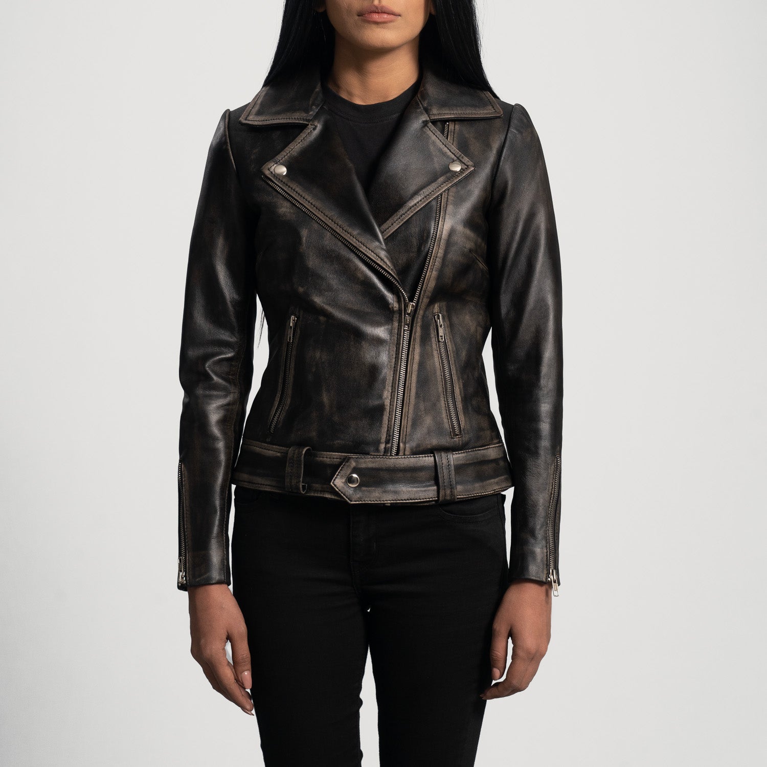 Rumy Leather Biker Jacket - Distressed Brown