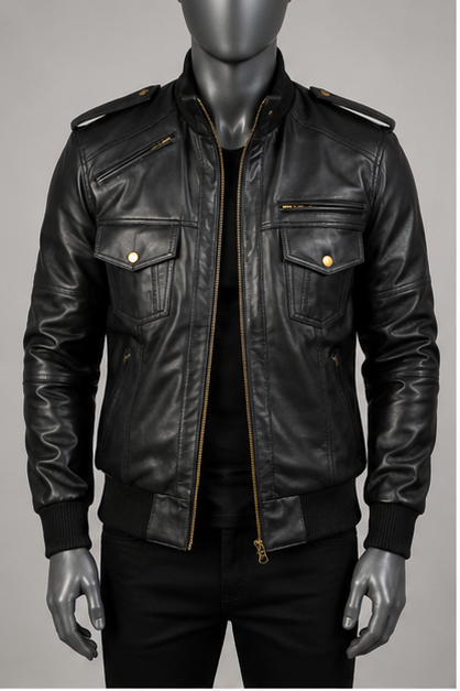 Agent Shadow Leather Bomber Jacket