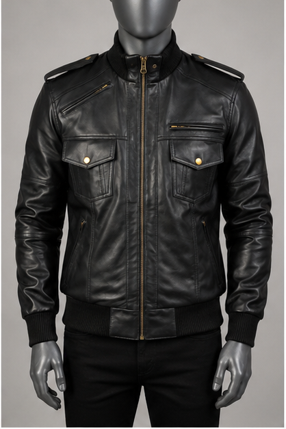 Agent Shadow Leather Bomber Jacket